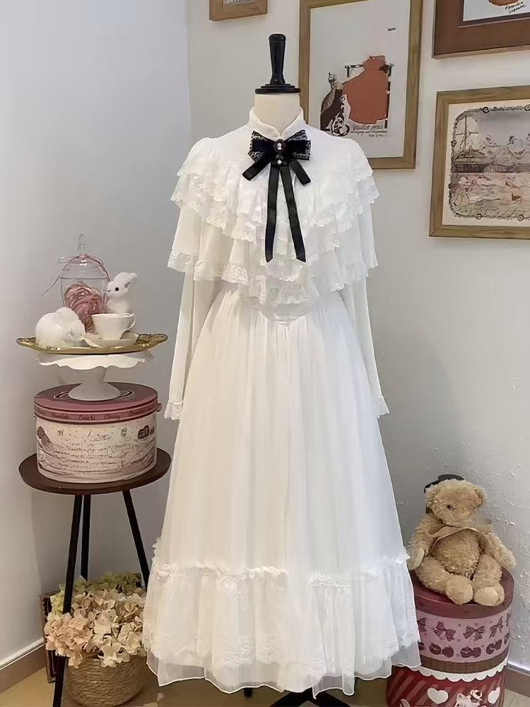 Embroidery Skirt - Japanese Short Sleeve Bow Lace Dress