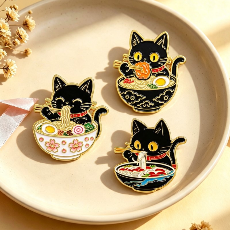 Embroidery Textile - Cute Black Cat Eating Noodles Enamel