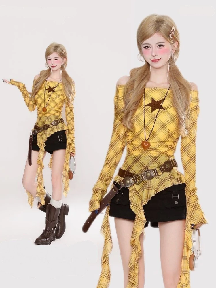 Y2K Plaid Slash Neck Vintage T - Embroidery A review and price