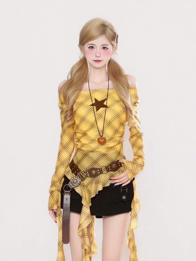 Y2K Plaid Slash Neck Vintage T - Embroidery A review and price