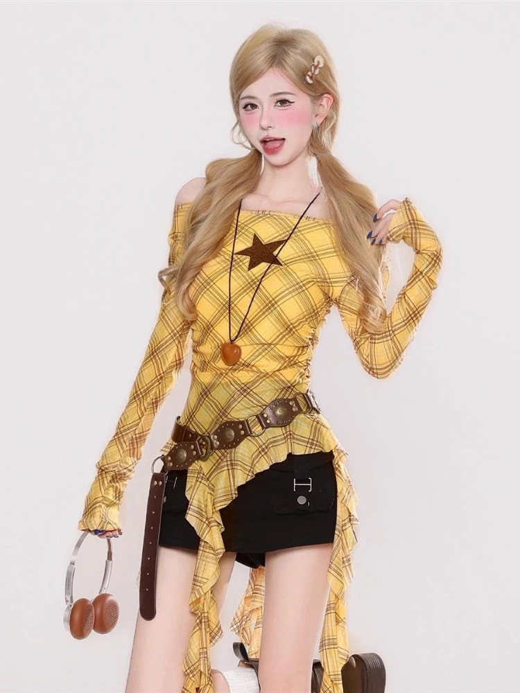 Y2K Plaid Slash Neck Vintage T - Embroidery A review and price